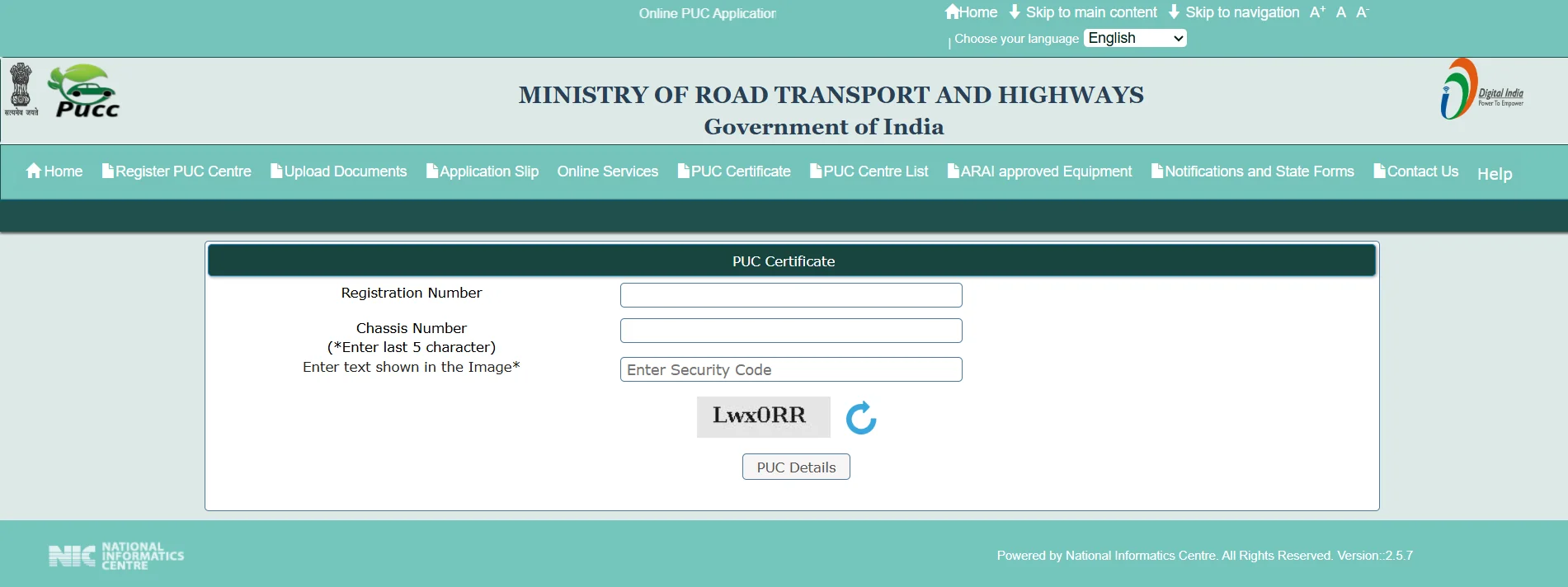 Enter your vehicle registration number on PUC portal